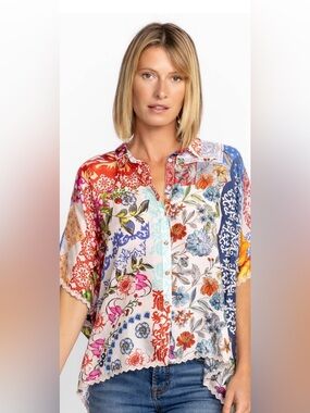 Johnny Was Multicolor Patchwork Floral Button-Up Top